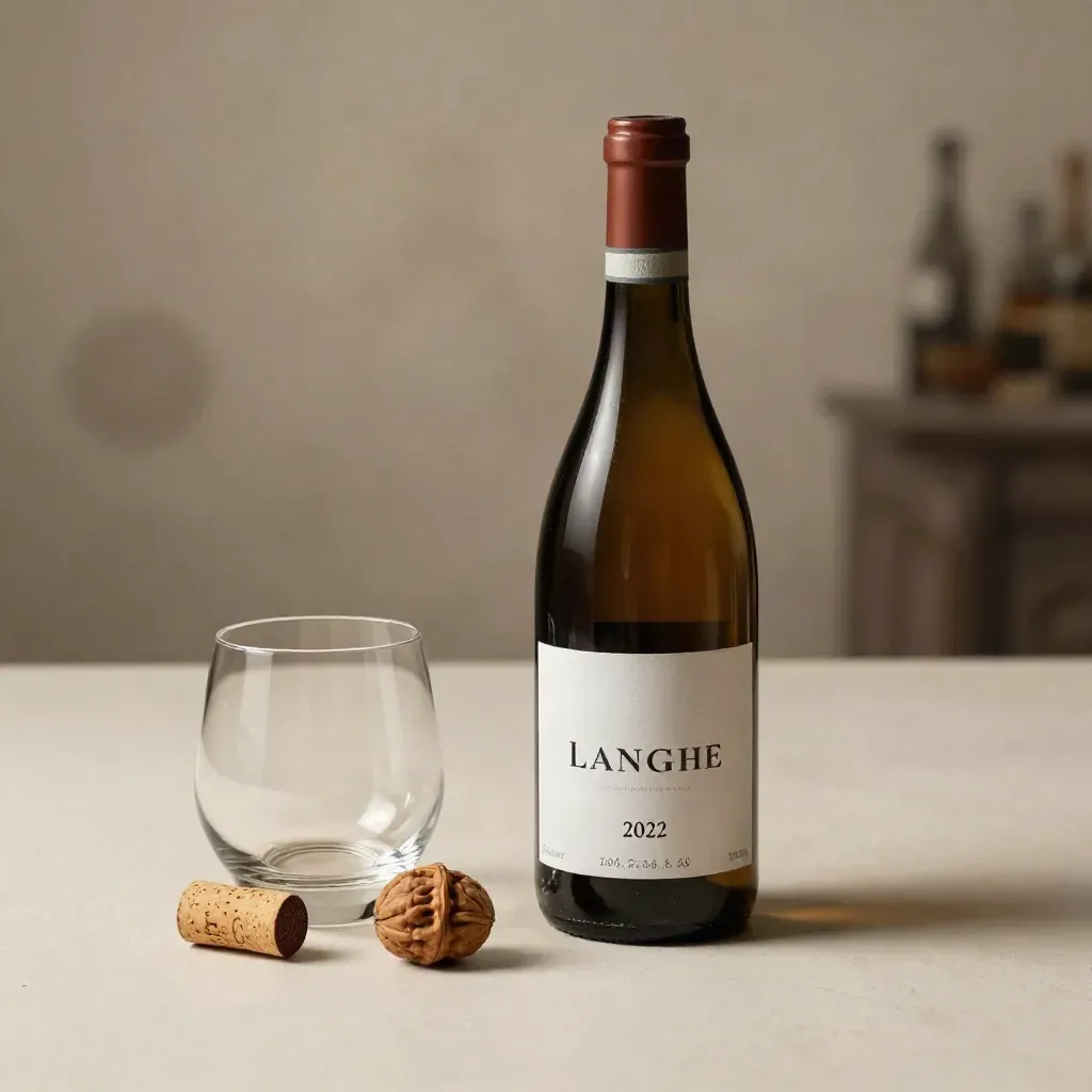 Bottiglia di Langhe Nebbiolo, tumbler, noce e tappo su fondo avorio, luce morbida e ombre lunghe