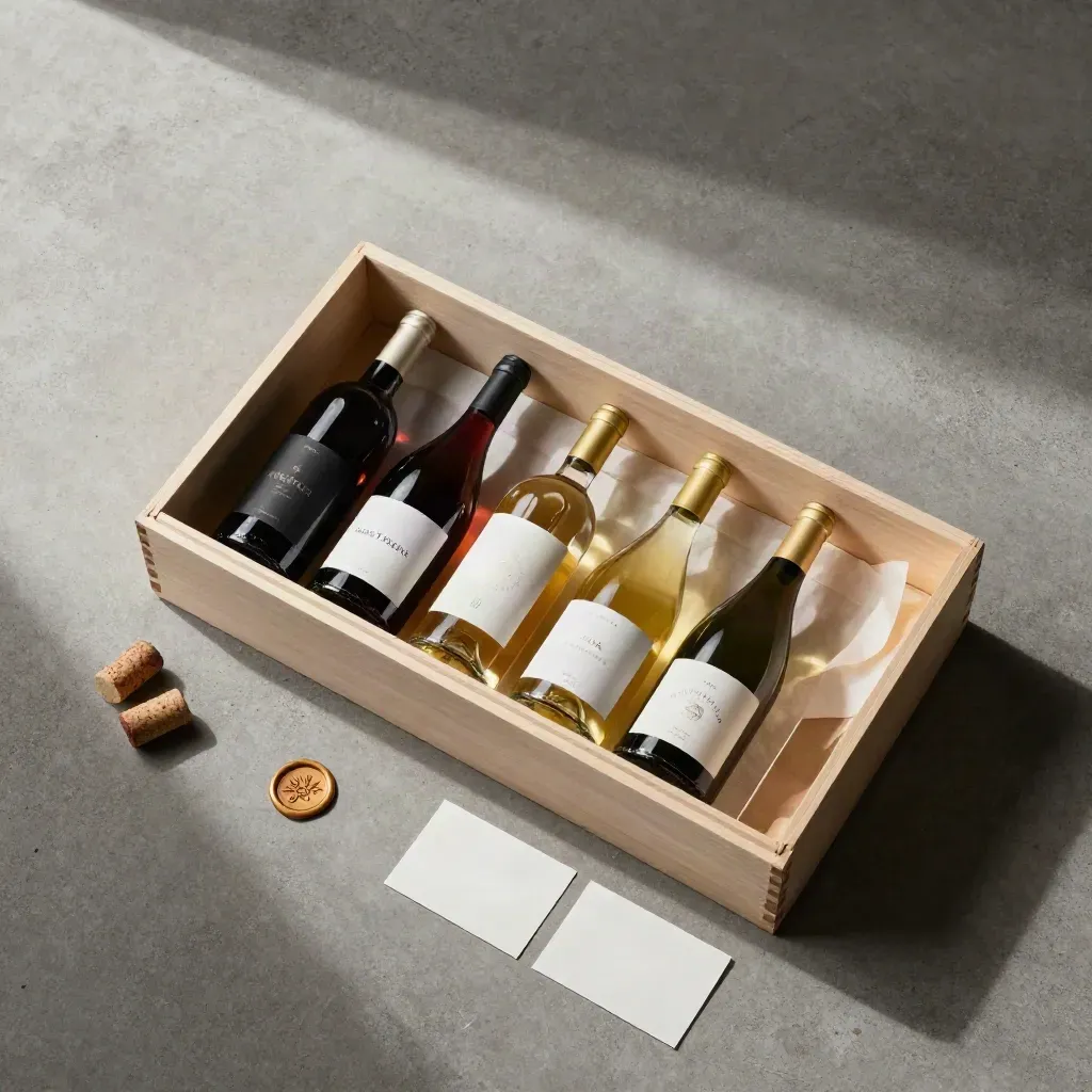 Box degustazione aperto con sei bottiglie, tappi e sigillo su lastra di cemento.
